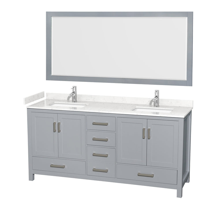 Wyndham Collection WCS141472DGYC2UNSM70 Sheffield 72 Inch Double Bathroom Vanity in Gray, Carrara Cultured Marble Countertop, Undermount Square Sinks, 70 Inch Mirror