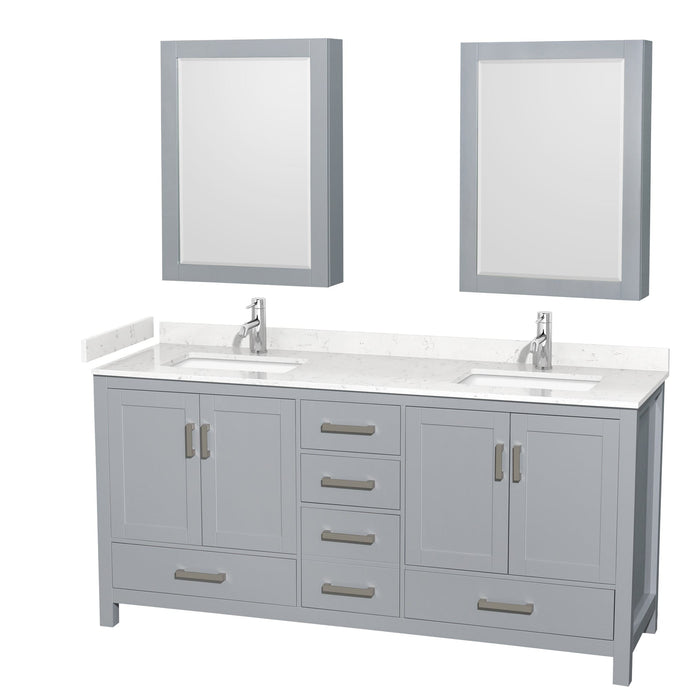 Wyndham Collection WCS141472DGYC2UNSMED Sheffield 72 Inch Double Bathroom Vanity in Gray, Carrara Cultured Marble Countertop, Undermount Square Sinks, Medicine Cabinets