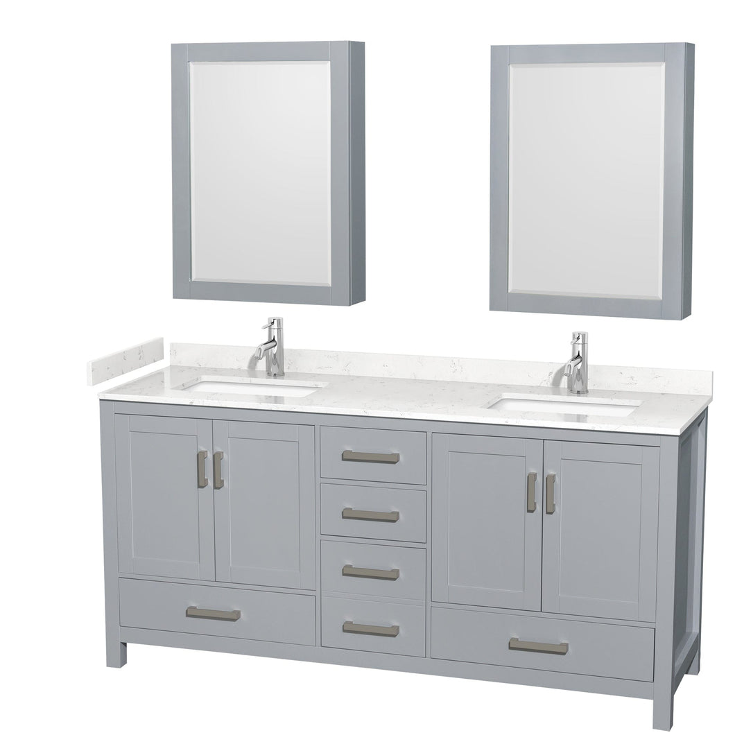 Wyndham Collection WCS141472DGYC2UNSMED Sheffield 72 Inch Double Bathroom Vanity in Gray, Carrara Cultured Marble Countertop, Undermount Square Sinks, Medicine Cabinets