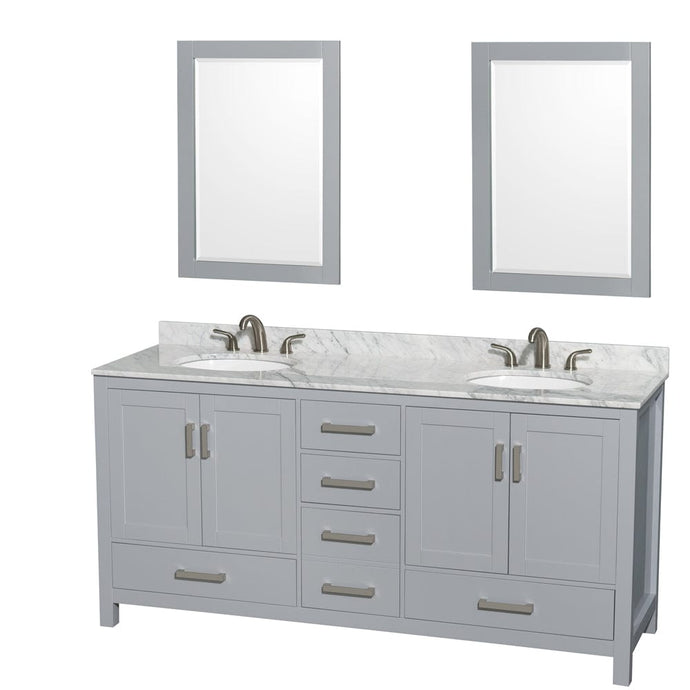 Wyndham Collection WCS141472DGYCMUNOM24 Sheffield 72 Inch Double Bathroom Vanity in Gray, White Carrara Marble Countertop, Undermount Oval Sinks, and 24 Inch Mirrors