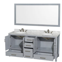 Load image into Gallery viewer, Wyndham Collection WCS141472DGYCMUNOM70 Sheffield 72 Inch Double Bathroom Vanity in Gray, White Carrara Marble Countertop, Undermount Oval Sinks, and 70 Inch Mirror
