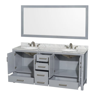 Wyndham Collection WCS141472DGYCMUNOM70 Sheffield 72 Inch Double Bathroom Vanity in Gray, White Carrara Marble Countertop, Undermount Oval Sinks, and 70 Inch Mirror