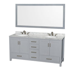 Load image into Gallery viewer, Wyndham Collection WCS141472DGYCMUNOM70 Sheffield 72 Inch Double Bathroom Vanity in Gray, White Carrara Marble Countertop, Undermount Oval Sinks, and 70 Inch Mirror