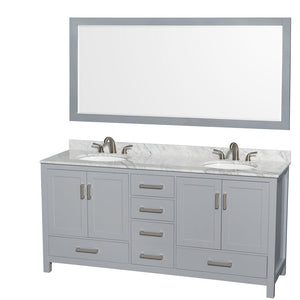 Wyndham Collection WCS141472DGYCMUNOM70 Sheffield 72 Inch Double Bathroom Vanity in Gray, White Carrara Marble Countertop, Undermount Oval Sinks, and 70 Inch Mirror