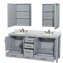 Load image into Gallery viewer, Wyndham Collection WCS141472DGYCMUNOMED Sheffield 72 Inch Double Bathroom Vanity in Gray, White Carrara Marble Countertop, Undermount Oval Sinks, and Medicine Cabinets