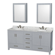 Load image into Gallery viewer, Wyndham Collection WCS141472DGYCMUNOMED Sheffield 72 Inch Double Bathroom Vanity in Gray, White Carrara Marble Countertop, Undermount Oval Sinks, and Medicine Cabinets