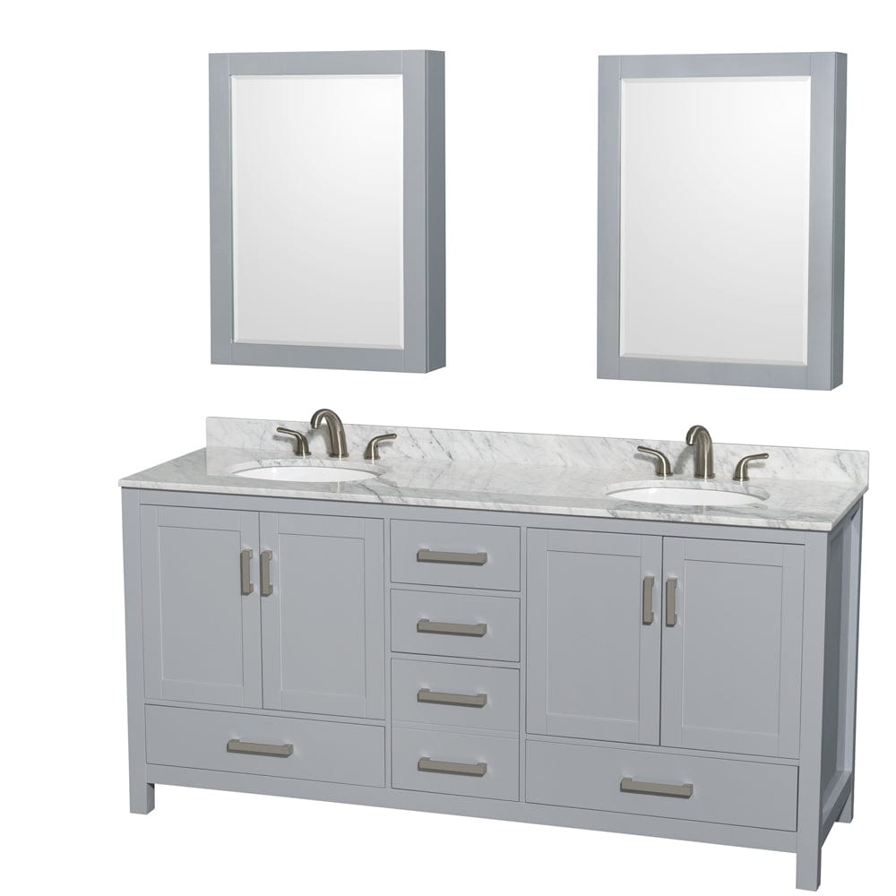 Wyndham Collection WCS141472DGYCMUNOMED Sheffield 72 Inch Double Bathroom Vanity in Gray, White Carrara Marble Countertop, Undermount Oval Sinks, and Medicine Cabinets