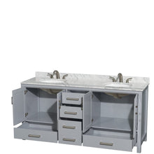 Load image into Gallery viewer, Wyndham Collection WCS141472DGYCMUNOMXX Sheffield 72 Inch Double Bathroom Vanity in Gray, White Carrara Marble Countertop, Undermount Oval Sinks, and No Mirror