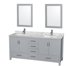 Load image into Gallery viewer, Wyndham Collection WCS141472DGYCMUNSM24 Sheffield 72 Inch Double Bathroom Vanity in Gray, White Carrara Marble Countertop, Undermount Square Sinks, and 24 Inch Mirrors