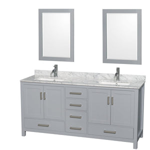 Wyndham Collection WCS141472DGYCMUNSM24 Sheffield 72 Inch Double Bathroom Vanity in Gray, White Carrara Marble Countertop, Undermount Square Sinks, and 24 Inch Mirrors