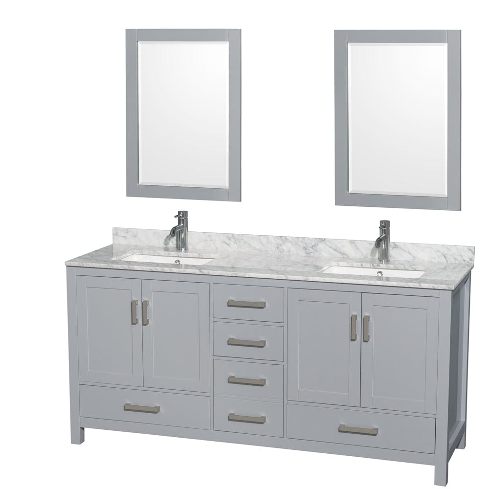 Wyndham Collection WCS141472DGYCMUNSM24 Sheffield 72 Inch Double Bathroom Vanity in Gray, White Carrara Marble Countertop, Undermount Square Sinks, and 24 Inch Mirrors