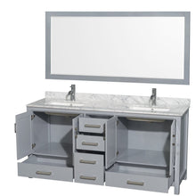 Load image into Gallery viewer, Wyndham Collection WCS141472DGYCMUNSM70 Sheffield 72 Inch Double Bathroom Vanity in Gray, White Carrara Marble Countertop, Undermount Square Sinks, and 70 Inch Mirror