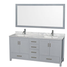 Load image into Gallery viewer, Wyndham Collection WCS141472DGYCMUNSM70 Sheffield 72 Inch Double Bathroom Vanity in Gray, White Carrara Marble Countertop, Undermount Square Sinks, and 70 Inch Mirror