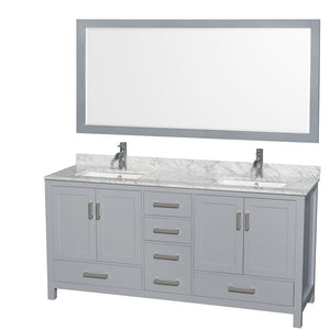 Wyndham Collection WCS141472DGYCMUNSM70 Sheffield 72 Inch Double Bathroom Vanity in Gray, White Carrara Marble Countertop, Undermount Square Sinks, and 70 Inch Mirror