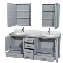 Load image into Gallery viewer, Wyndham Collection WCS141472DGYCMUNSMED Sheffield 72 Inch Double Bathroom Vanity in Gray, White Carrara Marble Countertop, Undermount Square Sinks, and Medicine Cabinets