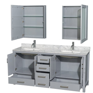 Wyndham Collection WCS141472DGYCMUNSMED Sheffield 72 Inch Double Bathroom Vanity in Gray, White Carrara Marble Countertop, Undermount Square Sinks, and Medicine Cabinets