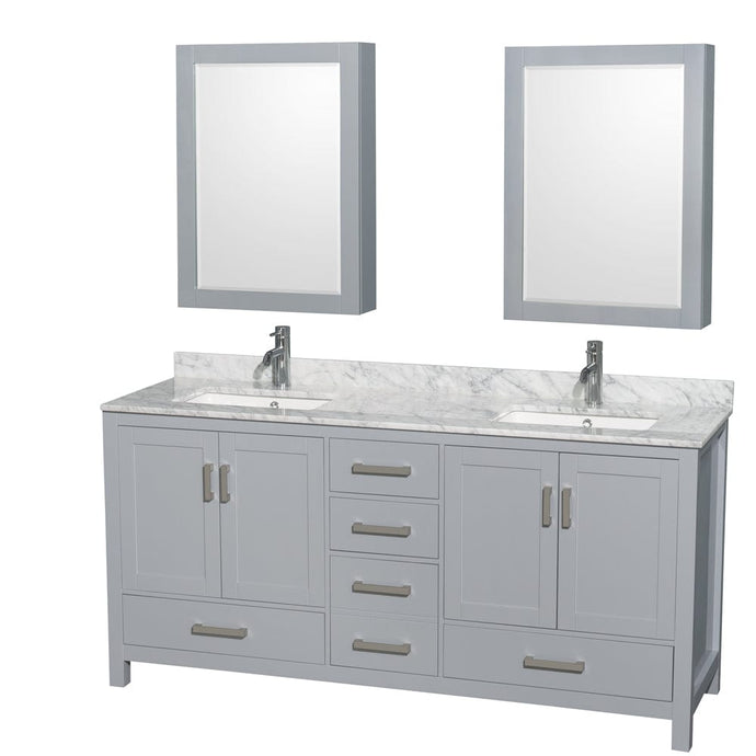 Wyndham Collection WCS141472DGYCMUNSMED Sheffield 72 Inch Double Bathroom Vanity in Gray, White Carrara Marble Countertop, Undermount Square Sinks, and Medicine Cabinets