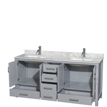 Load image into Gallery viewer, Wyndham Collection WCS141472DGYCMUNSMXX Sheffield 72 Inch Double Bathroom Vanity in Gray, White Carrara Marble Countertop, Undermount Square Sinks, and No Mirror