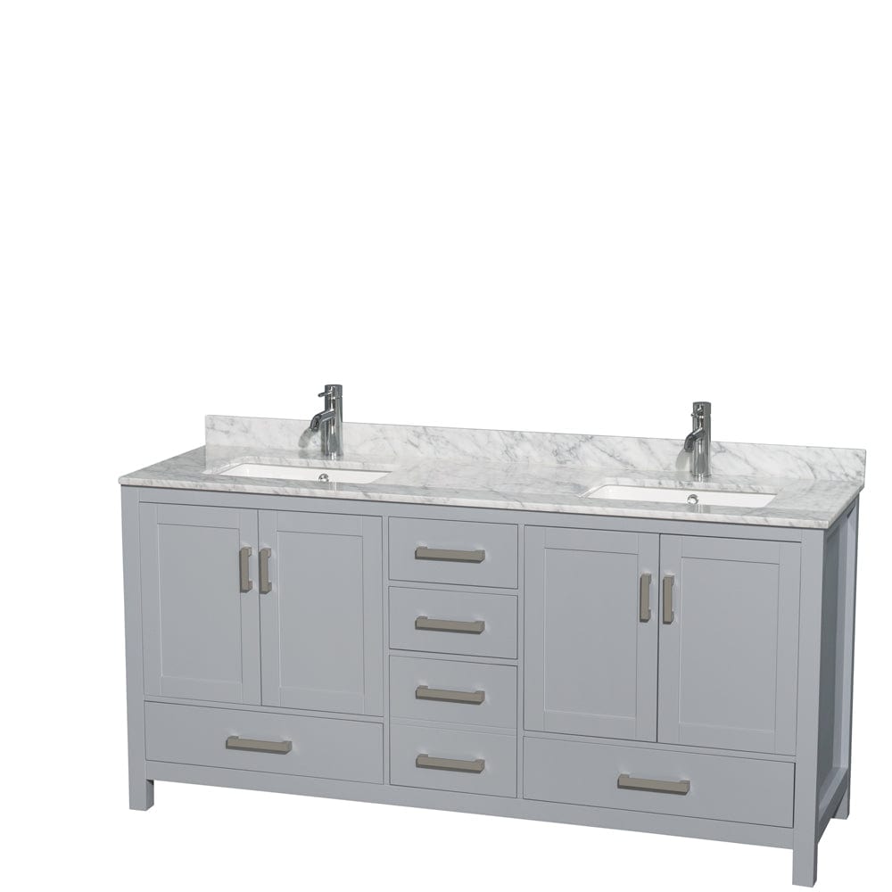 Wyndham Collection WCS141472DGYCMUNSMXX Sheffield 72 Inch Double Bathroom Vanity in Gray, White Carrara Marble Countertop, Undermount Square Sinks, and No Mirror