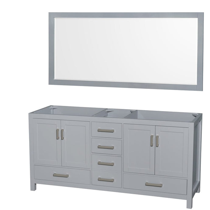 Wyndham Collection WCS141472DGYCXSXXM70 Sheffield 72 Inch Double Bathroom Vanity in Gray, No Countertop, No Sink, and 70 Inch Mirror