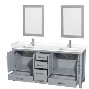 Wyndham Collection WCS141472DGYWCUNSM24 Sheffield 72 Inch Double Bathroom Vanity in Gray, White Cultured Marble Countertop, Undermount Square Sinks, 24 Inch Mirrors