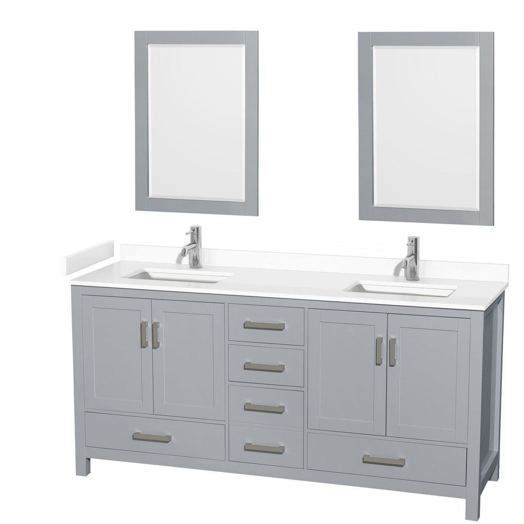 Wyndham Collection WCS141472DGYWCUNSM24 Sheffield 72 Inch Double Bathroom Vanity in Gray, White Cultured Marble Countertop, Undermount Square Sinks, 24 Inch Mirrors