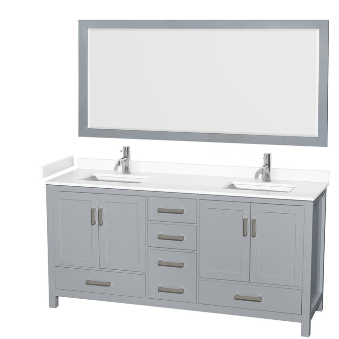 Wyndham Collection WCS141472DGYWCUNSM70 Sheffield 72 Inch Double Bathroom Vanity in Gray, White Cultured Marble Countertop, Undermount Square Sinks, 70 Inch Mirror