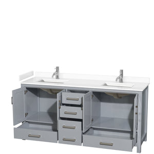 Wyndham Collection WCS141472DGYWCUNSMXX Sheffield 72 Inch Double Bathroom Vanity in Gray, White Cultured Marble Countertop, Undermount Square Sinks, No Mirror