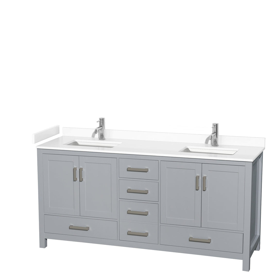 Wyndham Collection WCS141472DGYWCUNSMXX Sheffield 72 Inch Double Bathroom Vanity in Gray, White Cultured Marble Countertop, Undermount Square Sinks, No Mirror