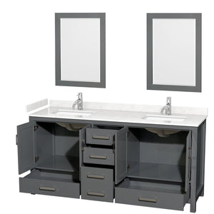 Wyndham Collection WCS141472DKGC2UNSM24 Sheffield 72 Inch Double Bathroom Vanity in Dark Gray, Carrara Cultured Marble Countertop, Undermount Square Sinks, 24 Inch Mirrors