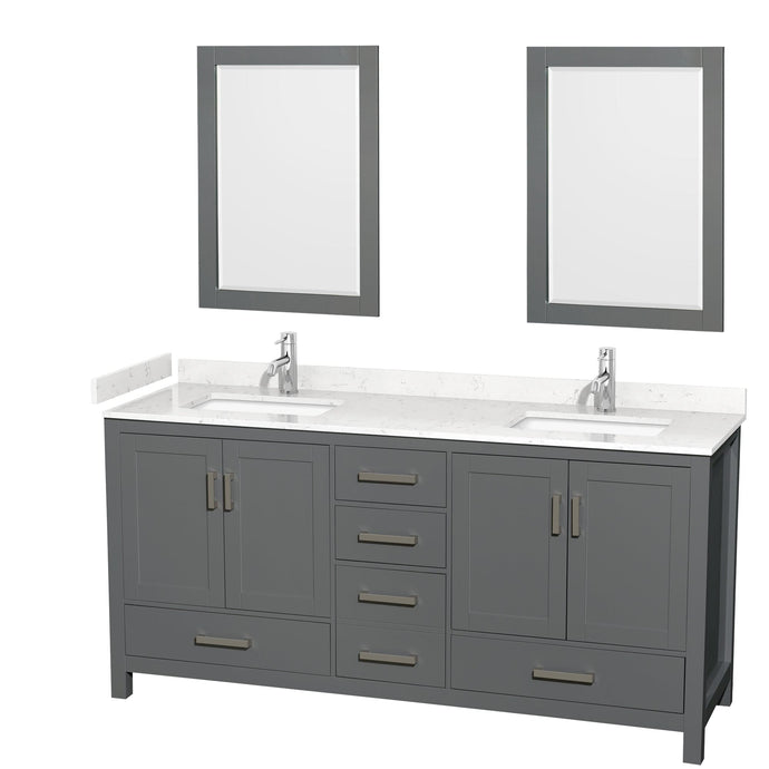 Wyndham Collection WCS141472DKGC2UNSM24 Sheffield 72 Inch Double Bathroom Vanity in Dark Gray, Carrara Cultured Marble Countertop, Undermount Square Sinks, 24 Inch Mirrors