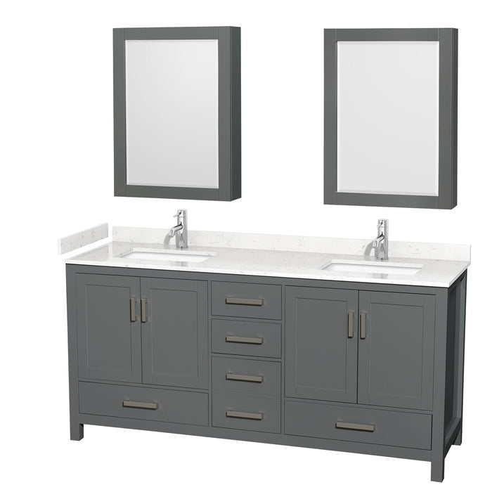 Wyndham Collection WCS141472DKGC2UNSMED Sheffield 72 Inch Double Bathroom Vanity in Dark Gray, Carrara Cultured Marble Countertop, Undermount Square Sinks, Medicine Cabinets