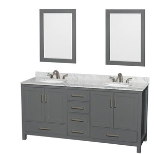 Wyndham Collection WCS141472DKGCMUNOM24 Sheffield 72 Inch Double Bathroom Vanity in Dark Gray, White Carrara Marble Countertop, Undermount Oval Sinks, and 24 Inch Mirrors