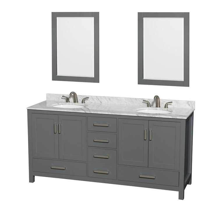 Wyndham Collection WCS141472DKGCMUNOM24 Sheffield 72 Inch Double Bathroom Vanity in Dark Gray, White Carrara Marble Countertop, Undermount Oval Sinks, and 24 Inch Mirrors