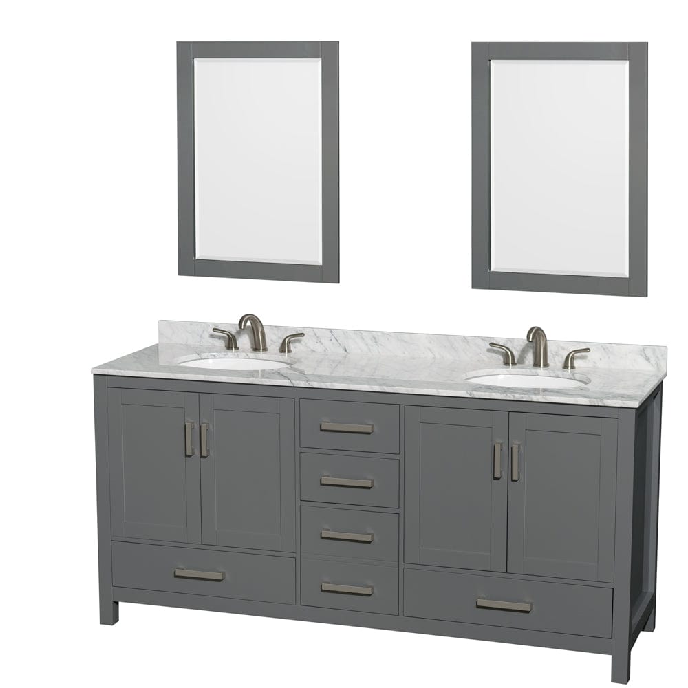 Wyndham Collection WCS141472DKGCMUNOM24 Sheffield 72 Inch Double Bathroom Vanity in Dark Gray, White Carrara Marble Countertop, Undermount Oval Sinks, and 24 Inch Mirrors
