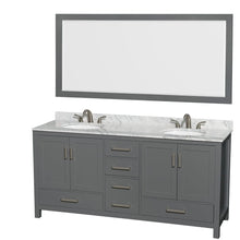 Load image into Gallery viewer, Wyndham Collection WCS141472DKGCMUNOM70 Sheffield 72 Inch Double Bathroom Vanity in Dark Gray, White Carrara Marble Countertop, Undermount Oval Sinks, and 70 Inch Mirror