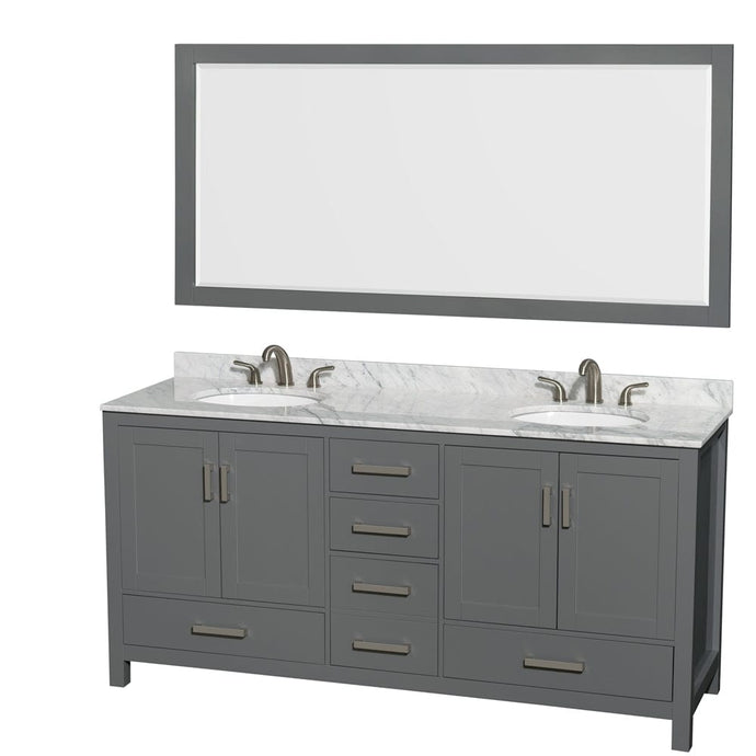 Wyndham Collection WCS141472DKGCMUNOM70 Sheffield 72 Inch Double Bathroom Vanity in Dark Gray, White Carrara Marble Countertop, Undermount Oval Sinks, and 70 Inch Mirror