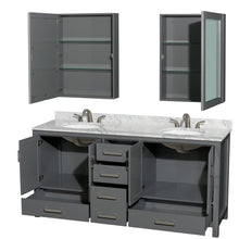 Load image into Gallery viewer, Wyndham Collection WCS141472DKGCMUNOMED Sheffield 72 Inch Double Bathroom Vanity in Dark Gray, White Carrara Marble Countertop, Undermount Oval Sinks, and Medicine Cabinets