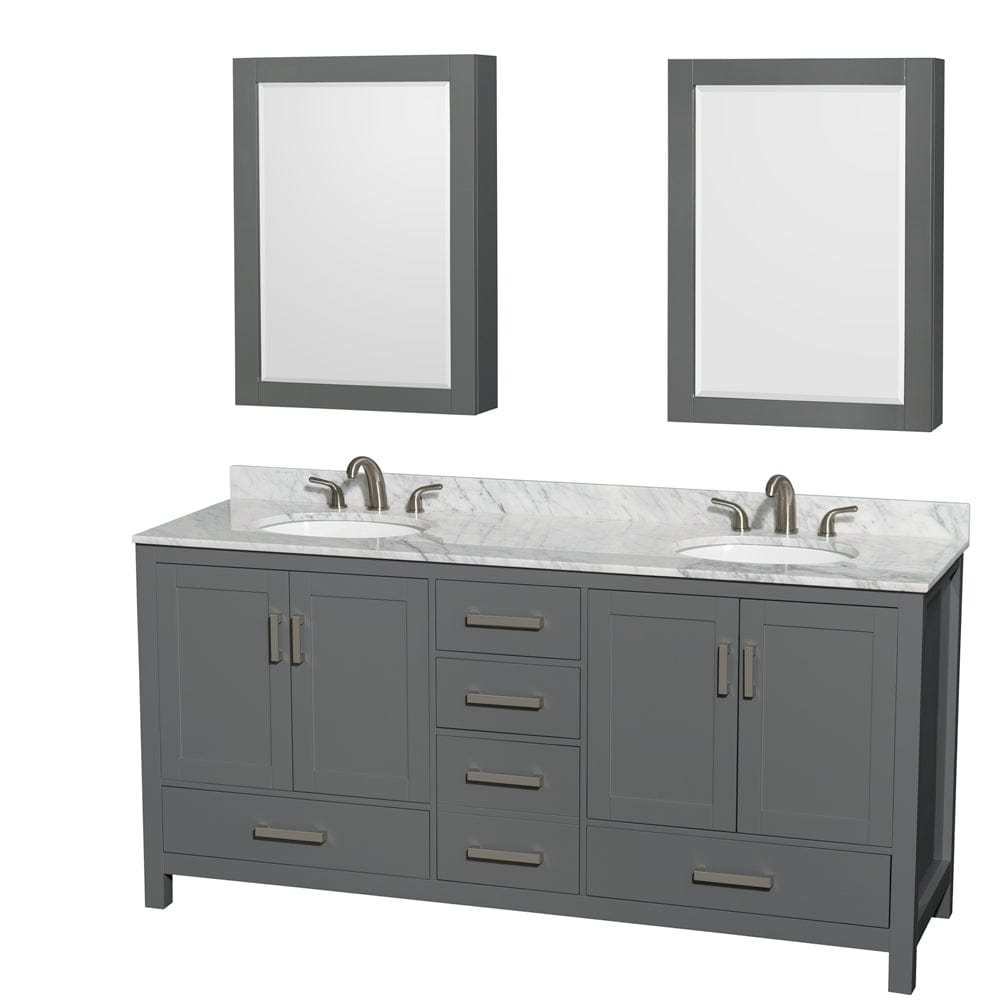 Wyndham Collection WCS141472DKGCMUNOMED Sheffield 72 Inch Double Bathroom Vanity in Dark Gray, White Carrara Marble Countertop, Undermount Oval Sinks, and Medicine Cabinets