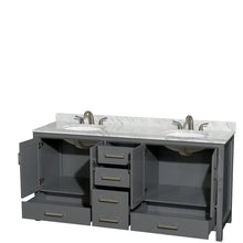 Load image into Gallery viewer, Wyndham Collection WCS141472DKGCMUNOMXX Sheffield 72 Inch Double Bathroom Vanity in Dark Gray, White Carrara Marble Countertop, Undermount Oval Sinks, and No Mirror