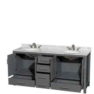 Wyndham Collection WCS141472DKGCMUNOMXX Sheffield 72 Inch Double Bathroom Vanity in Dark Gray, White Carrara Marble Countertop, Undermount Oval Sinks, and No Mirror
