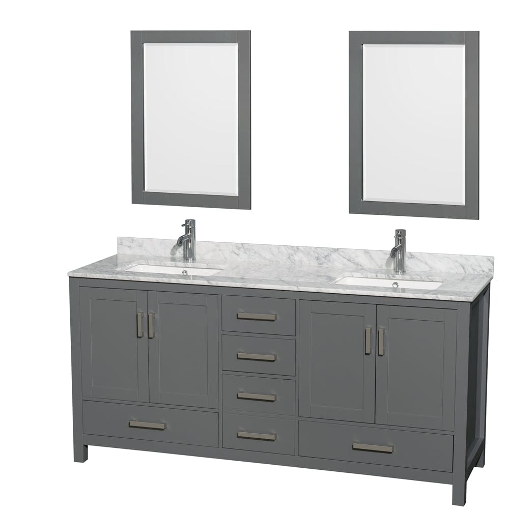 Wyndham Collection WCS141472DKGCMUNSM24 Sheffield 72 Inch Double Bathroom Vanity in Dark Gray, White Carrara Marble Countertop, Undermount Square Sinks, and 24 Inch Mirrors
