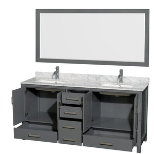 Wyndham Collection WCS141472DKGCMUNSM70 Sheffield 72 Inch Double Bathroom Vanity in Dark Gray, White Carrara Marble Countertop, Undermount Square Sinks, and 70 Inch Mirror