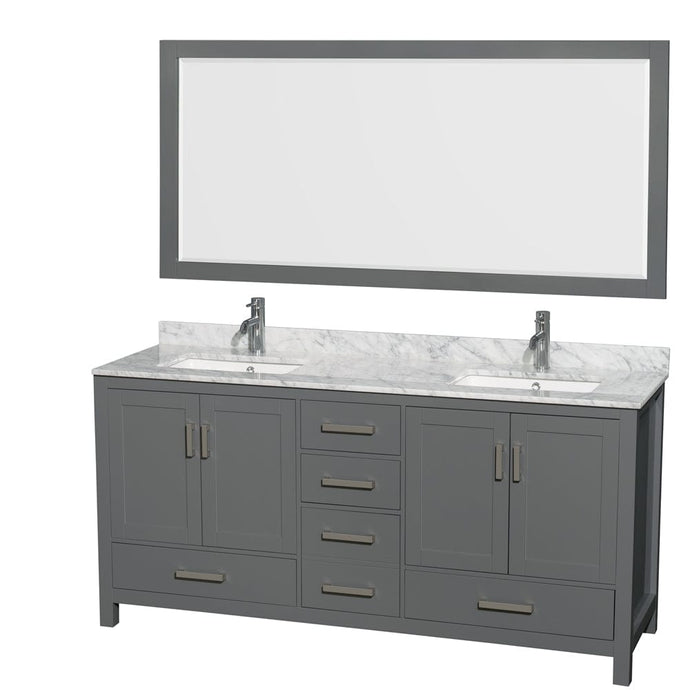 Wyndham Collection WCS141472DKGCMUNSM70 Sheffield 72 Inch Double Bathroom Vanity in Dark Gray, White Carrara Marble Countertop, Undermount Square Sinks, and 70 Inch Mirror