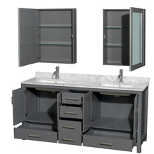 Load image into Gallery viewer, Wyndham Collection WCS141472DKGCMUNSMED Sheffield 72 Inch Double Bathroom Vanity in Dark Gray, White Carrara Marble Countertop, Undermount Square Sinks, and Medicine Cabinets