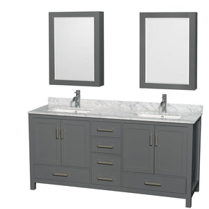 Wyndham Collection WCS141472DKGCMUNSMED Sheffield 72 Inch Double Bathroom Vanity in Dark Gray, White Carrara Marble Countertop, Undermount Square Sinks, and Medicine Cabinets