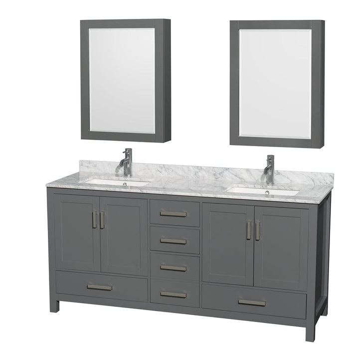 Wyndham Collection WCS141472DKGCMUNSMED Sheffield 72 Inch Double Bathroom Vanity in Dark Gray, White Carrara Marble Countertop, Undermount Square Sinks, and Medicine Cabinets