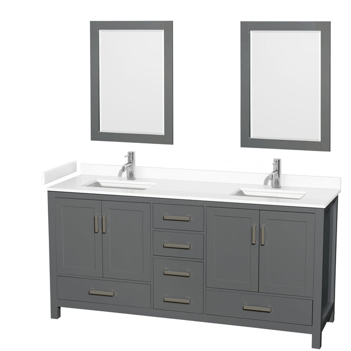 Wyndham Collection WCS141472DKGWCUNSM24 Sheffield 72 Inch Double Bathroom Vanity in Dark Gray, White Cultured Marble Countertop, Undermount Square Sinks, 24 Inch Mirrors