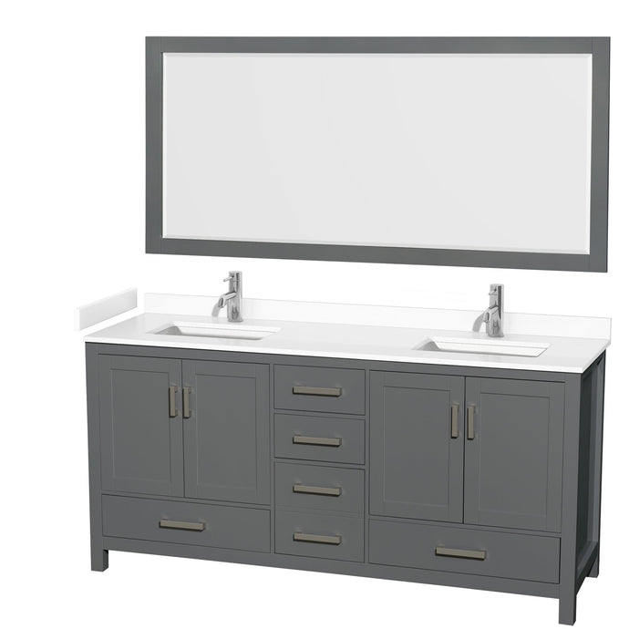 Wyndham Collection WCS141472DKGWCUNSM70 Sheffield 72 Inch Double Bathroom Vanity in Dark Gray, White Cultured Marble Countertop, Undermount Square Sinks, 70 Inch Mirror