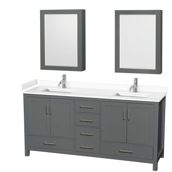 Wyndham Collection WCS141472DKGWCUNSMED Sheffield 72 Inch Double Bathroom Vanity in Dark Gray, White Cultured Marble Countertop, Undermount Square Sinks, Medicine Cabinets